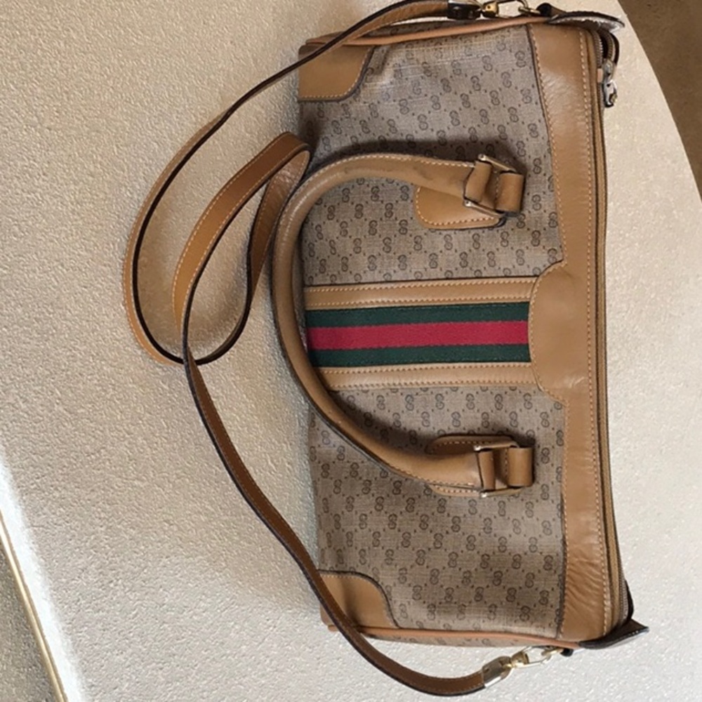 Beige and Brown Handbag with Striped Accent